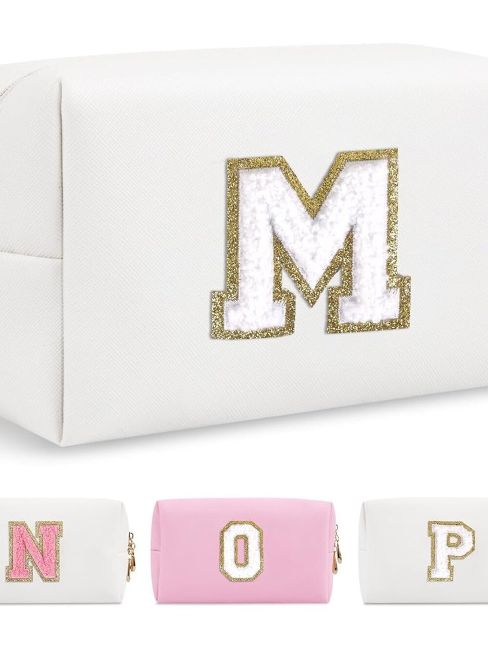 Small Personalized Initial A-Z Preppy Patch Makeup Bag,White PU Chenille Letter